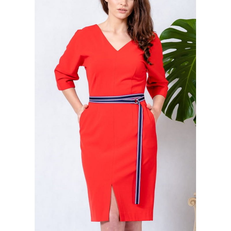 Sukienka typu KIMONO z paskiem - Czerwona Sukienka Sukienka z Paskiem w Talii