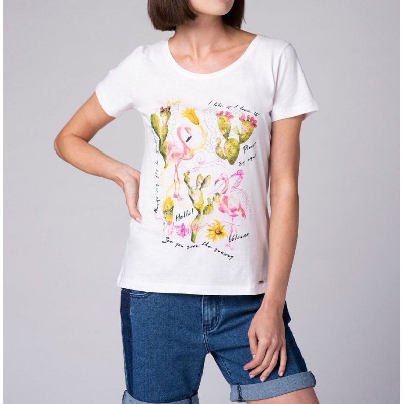 Koszulka damska T- FLAMINGOS - biała Klasyczna biała koszulka damska Modna Bluzka damska z flamingiem