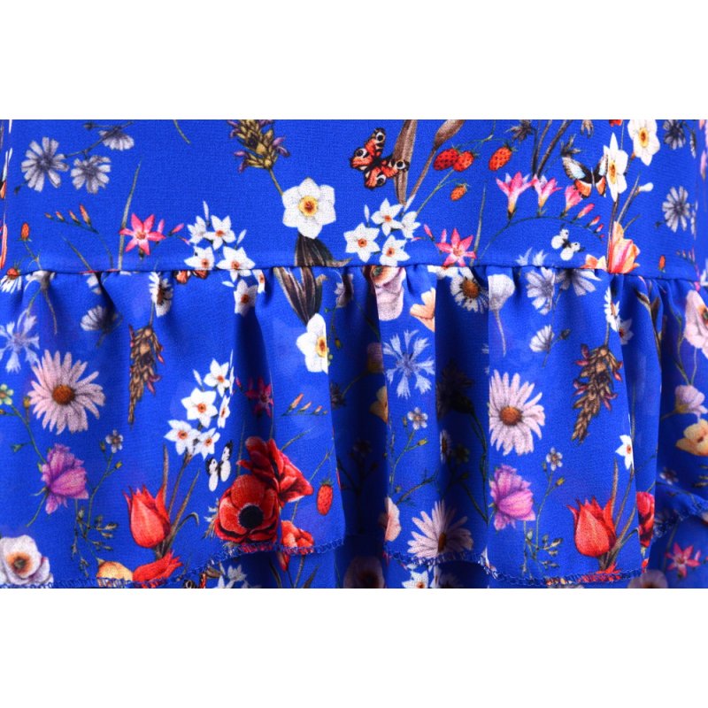 Sukienka szyfonowa FALBANA - 5379 Sukienka z falbankami w kwiaty Szafirowa sukienka Sukienka w drobne kwiaty