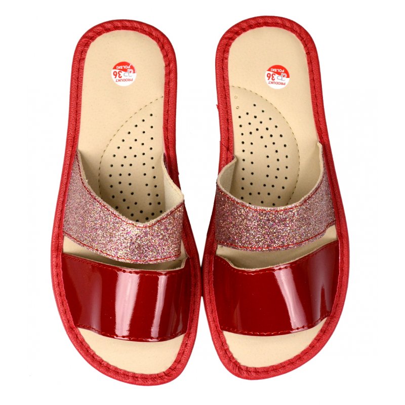Kapcie damskie lakierek z brokatem - czerwone Klapki damskie Pantofle damskie Kapcie domowe Pantofle domowe