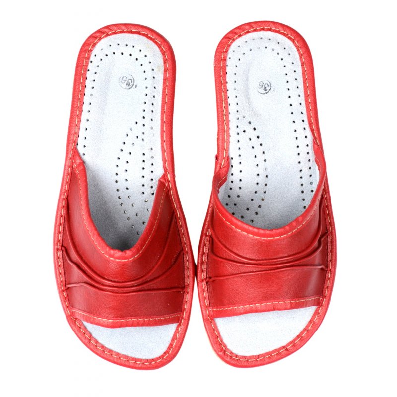 Kapcie damskie SKÓRZANE odkryte 5793 - czerwone Klapki damskie Pantofle damskie Kapcie domowe Pantofle domowe klapki domowe