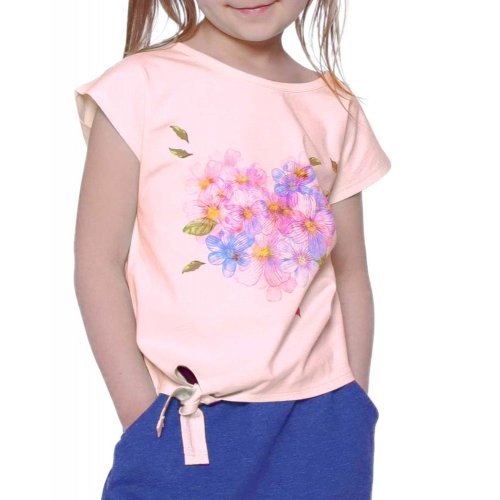 Dziewczęca koszulka z bawełny KOLOROWE KWIATY - różowa