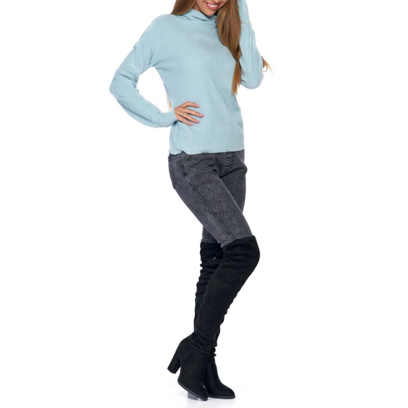 Sweter golf damski z luźnymi rękawami - turkusowy