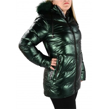 Metaliczna kurtka damska zimowa W809 - zielona