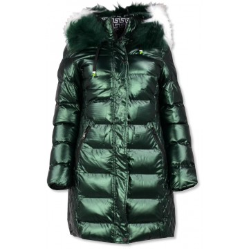 Metaliczny płaszcz damski zimowy W823 - zielony
