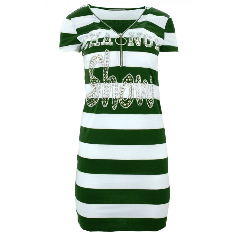 Sukienka plażowa tunika plażowa w paski z dżetowym napisem (zielona)
