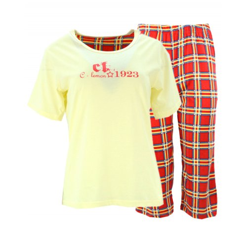 Piżama damska z napisami i spodniami w kratę (żółta)