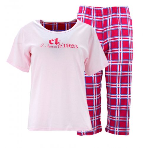 Piżama damska z napisami i spodniami w kratę (różowa)