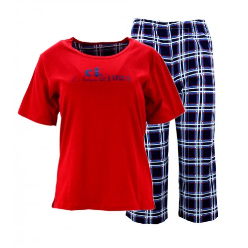 Piżama damska z napisami i spodniami w kratę (czerwona)
