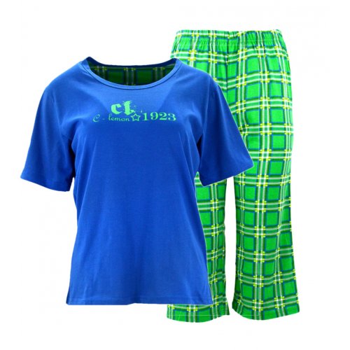 Piżama damska z napisami i spodniami w kratę (niebieska)