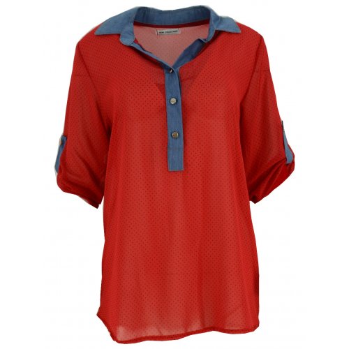 Bluzka szyfonowa z kołnierzykiem (jeans+ kropki czerwona)
