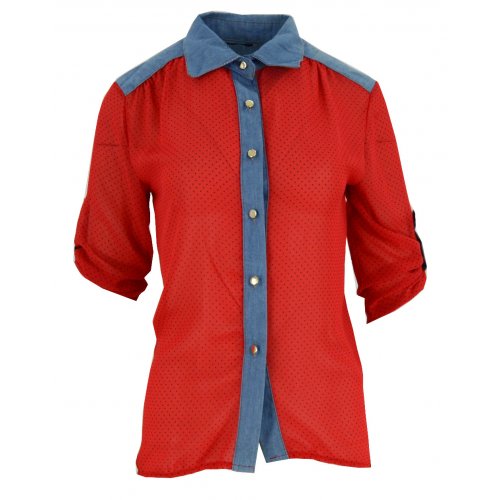 Bluzka szyfonowa rozpinana (jeans+ kropki czerwona)