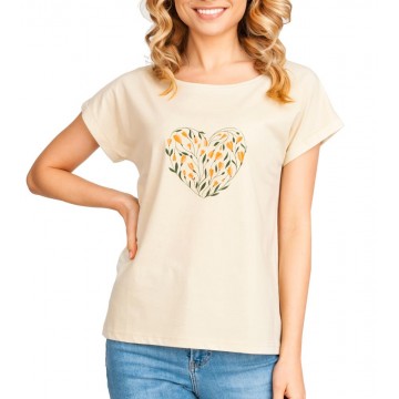 T-shirt damski bawełniany YoClub PKK-0095K-A110 - kremowy