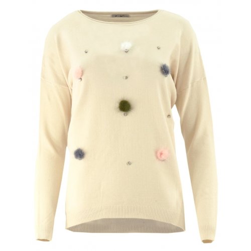 Sweter z kolorowymi pomponami (beżowy)